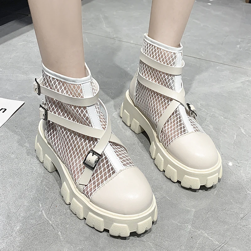 

Lucyever Women Boots Sandals 2021 Summer New Mesh Breathable Woman Ankle Boots PU Leather Cross Strap Cool Boot Female Shoes