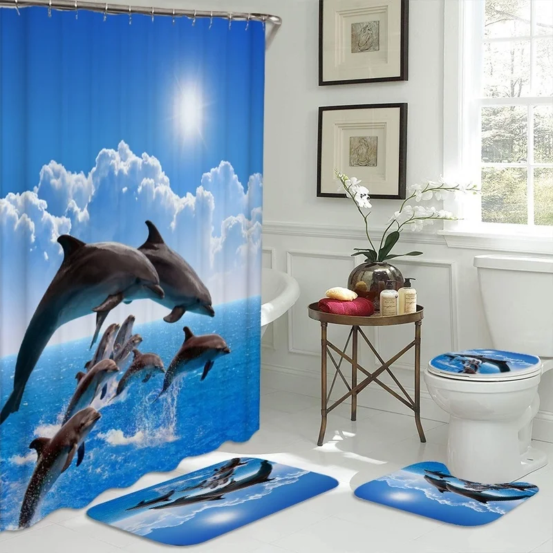 Goedkoop 3D Olifant Print Badkamer Sets Oceaan Dolfijn Diepzee Douchegordijn Met 12 Haken Voetstuk Tapijt Deksel Wc Cover Bad Mat Set
