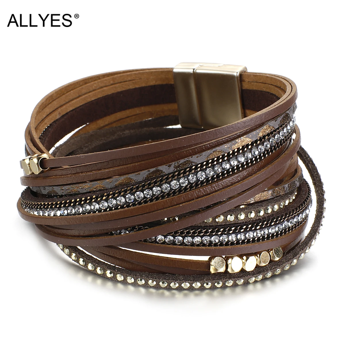 

ALLYES Crystal Genuine Leather Bracelets for Women Boho Metal Beads Multilayer Slim Strips Wide Wrap Bracelet Fashion Jewelry