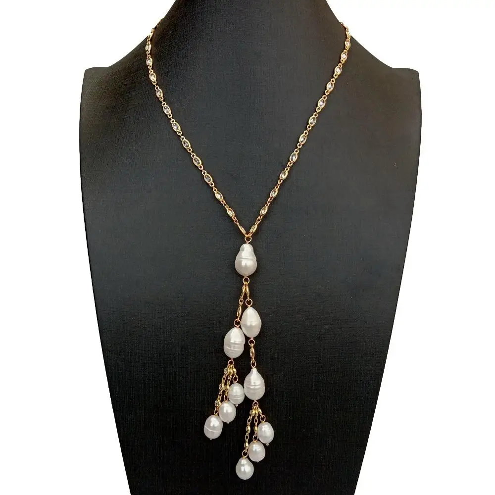 

Y·YING Cultured Freshwater White Rice Pearl Cubic Zirconia Oval Bezel Set Chain Necklace 18"