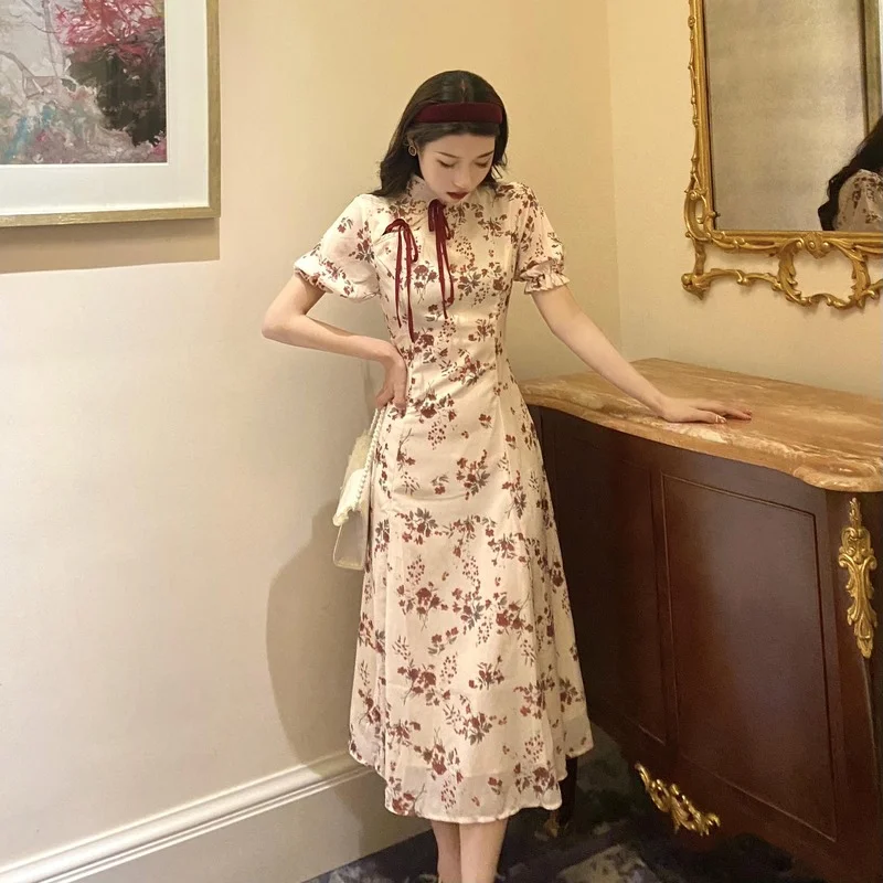 

2021 Summer Elegant Vintage Dresses Women Floral Slim French Casual Fit Chic Dress Puff Sleeve A-line Party Cheongsam Dresses