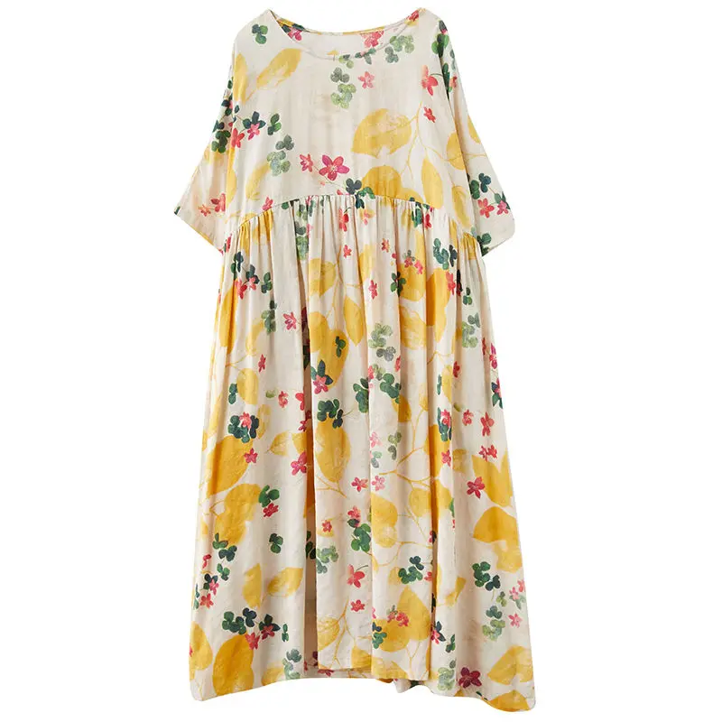 

Fashion 2021 New Summer Women Dress Vintage Print Cotton Dress Casual Loose Half Sleeve O-Neck Elegant Office Lady Dresses