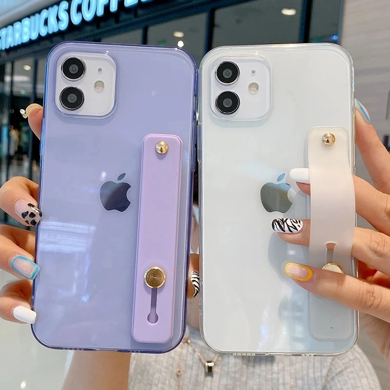 

Clear Wrist Strap Phone Holder Case For iPhone 11 Pro Max 12 Mini 7 8 Plus XS Max X XR SE 2020 12 Pro INS Candy Color Back Cover