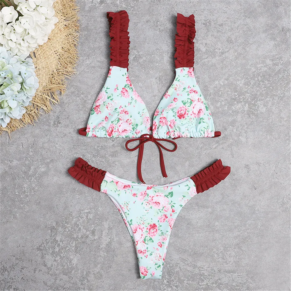 

Women Micro Bikinis Sexy Swimsuit Printed Dot Swimwear Summer Bathing Suits Floral Beach Wear Female Thong Bikini Set Backless