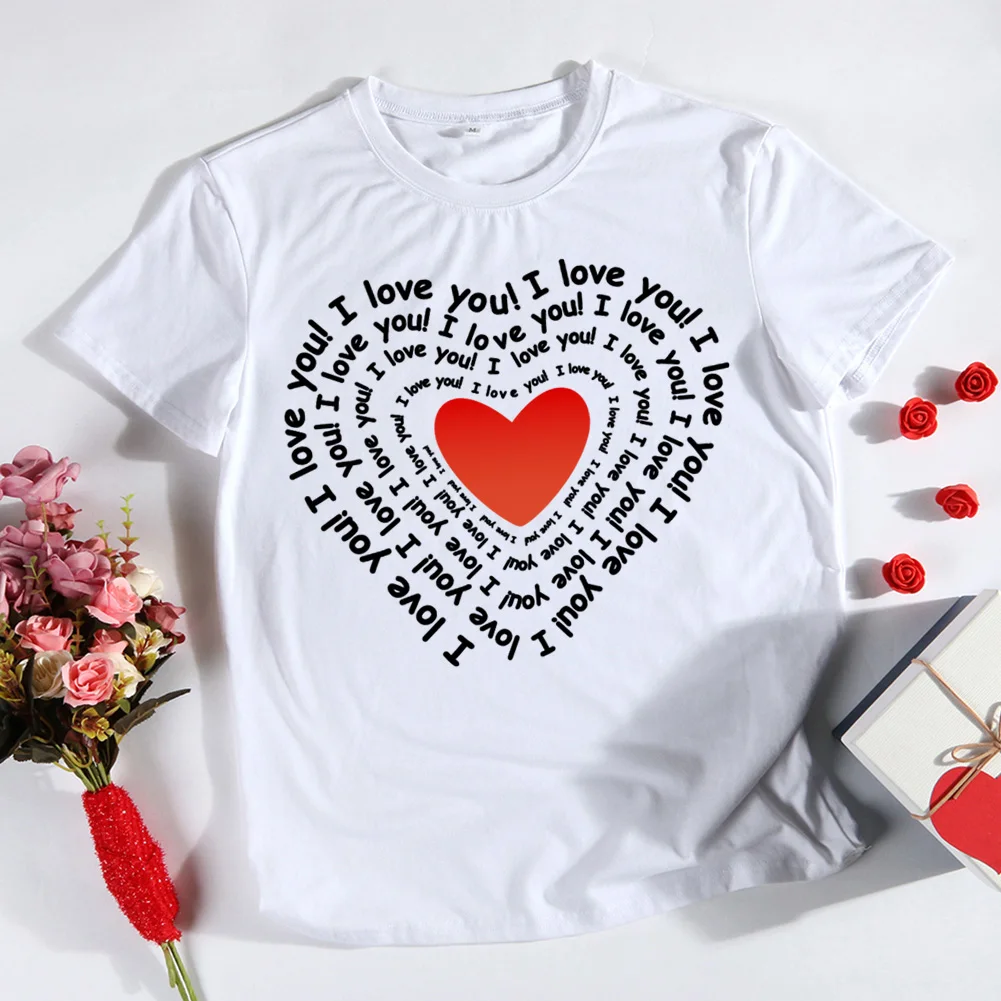 

I Love You Heart Print T-shirt for Valentine Day Gift Top Tees Women Men S-XXXL
