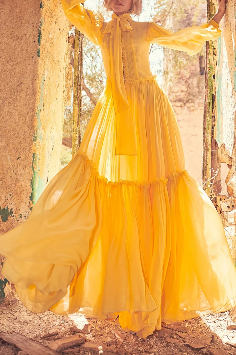 

Super Fairy Yellow Dress Vacation Super Hot Temperament Long Skirt Palace Style Fairy Skirt Long Big Swing Skirt Skirt