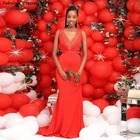 Элегантные красные платья подружки невесты с юбкой-годе 2021, кружевное длинное платье с аппликацией и V-образным вырезом для свадебной вечеринки для девушек, платья со шлейфом