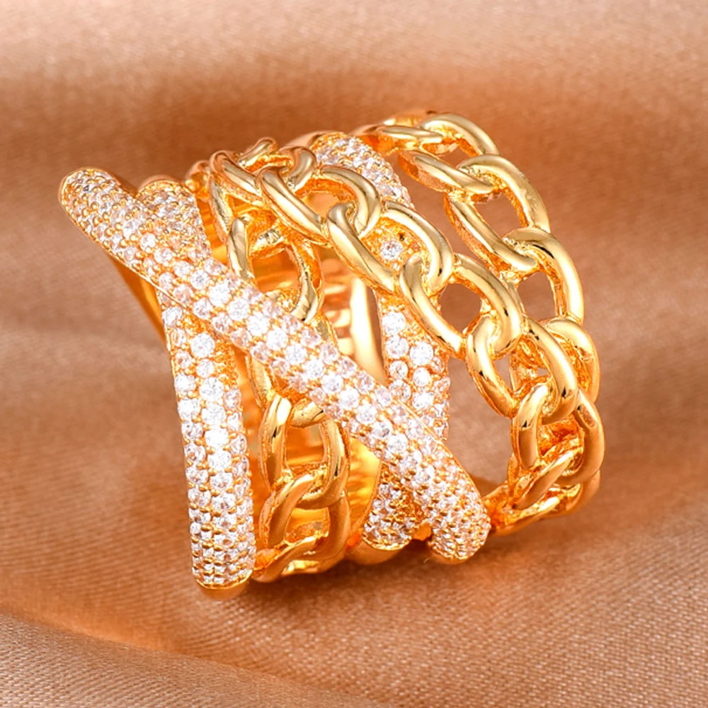 

KellyBola New Korean Fashion Trendy Exquisite Chain Decoration Geometric Zirconia Ring Women's Daily Party Wedding Dubai jewelry