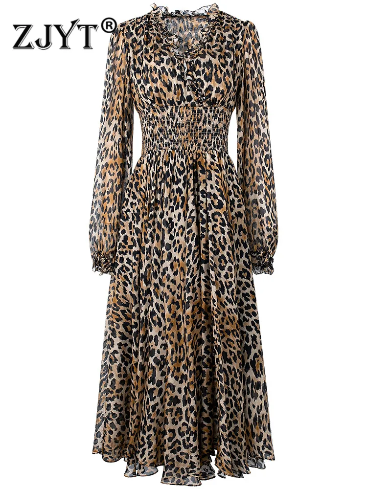 

Fashion Runway Vintage Leopard Print Dress for Women Elegant 2022 Spring Long Sleeve Elastic Waist Midi Chiffon Holiday Vestidos