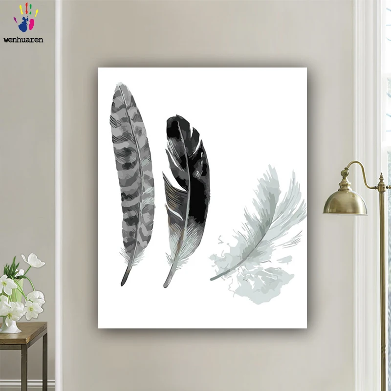 DIY картинки для раскраски по номерам с цветными перьями картина рисования в рамке