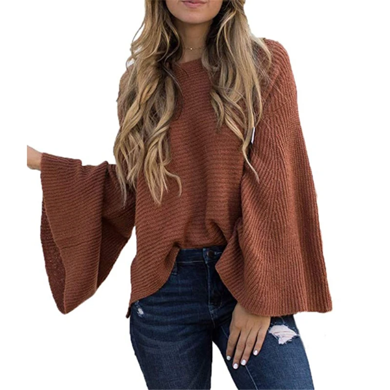 Women Solid Flare Sleeve Knitted Sweater Top 2020 Autumn Winter Fashion Female Pullover Sweaters Ladies Loose Casual Knitwear | Женская