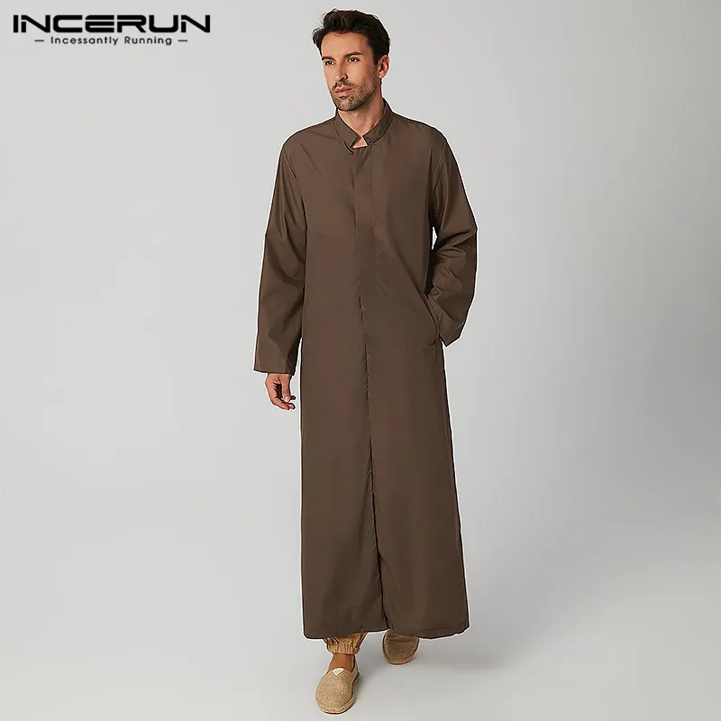 

INCERUN Men Solid Muslim Long Tops Vintage Autumn Long Sleeve Stand Collar Abaya Jubba Man Covered Buttons Islamic Clothing 5XL7