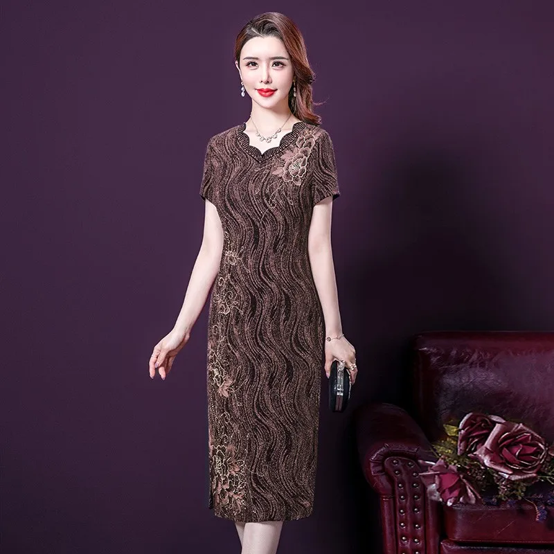 Женское банкетное платье Ципао Простое Элегантное летнее с коротким рукавом и