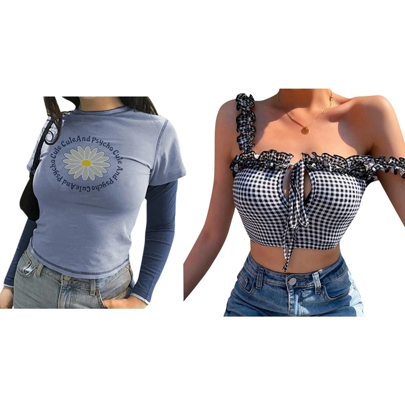 

Лидер продаж Kf-Ретро клетчатая кофта женский топ без рукавов черный S с женским принтом в виде ромашки с круглым вырезом