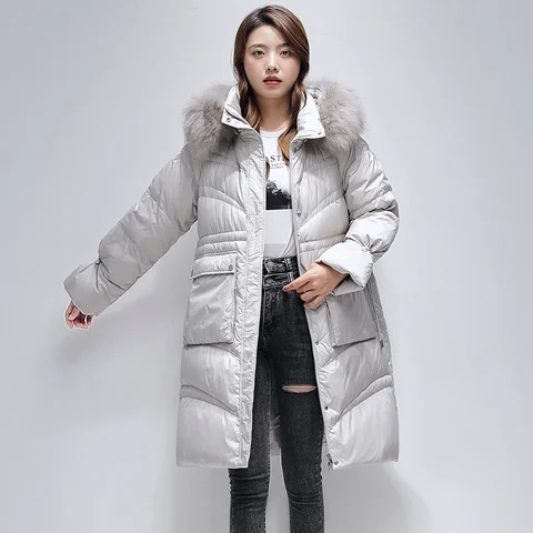 Женское пальто, зимняя пуховая куртка с воротником из натурального меха енота, женские новые длинные толстые парки с капюшоном в Корейском стиле, Женская куртка SQQ453