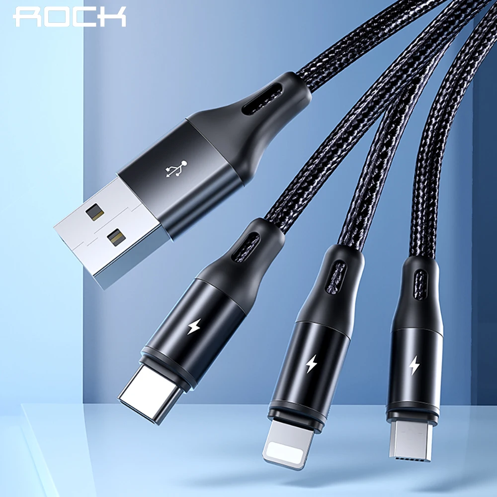 ROCK USB кабель для iPhone 11 XS Max XR X 8 7 6 Xiaomi Samsung зарядное устройство 3 в 1 Micro Type C шнур