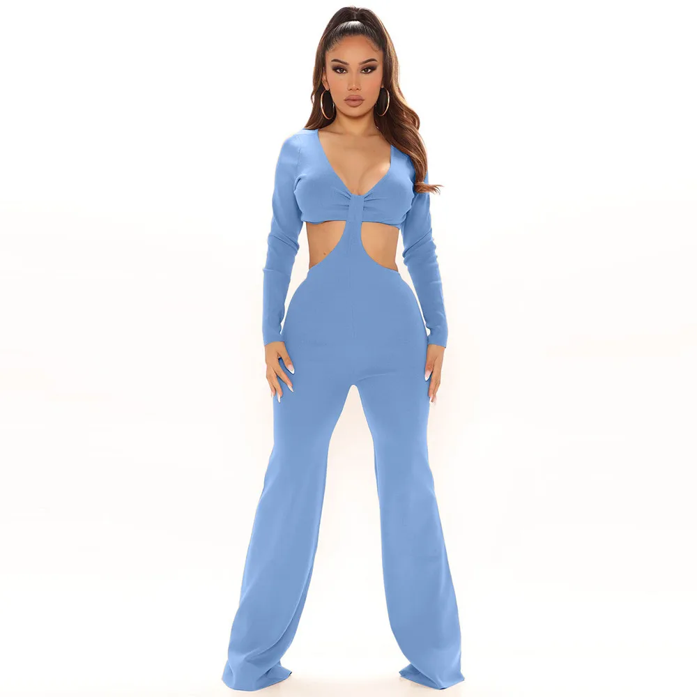 

Waist Band Cut Out Elegant Long Jumpsuit for Women Deep V Neck Full Sleeve Flare Overall Classy Ribbed Knitted Bodycon Outfit
