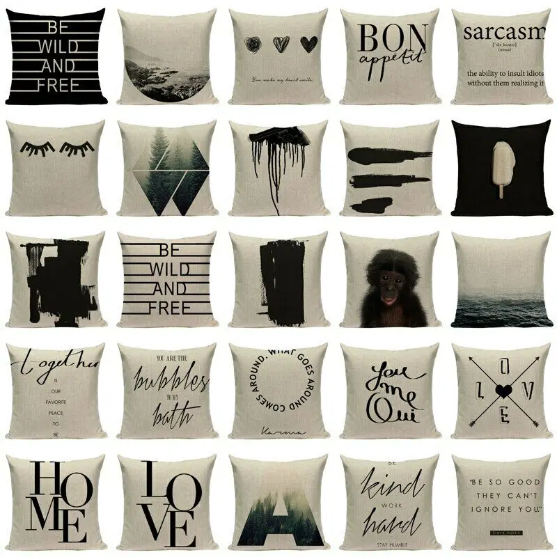 

Simple art Word Cushions Home Pillow case Black White Decorative Cushions Printed For rooms sofa coffee Bedroom Playroom
