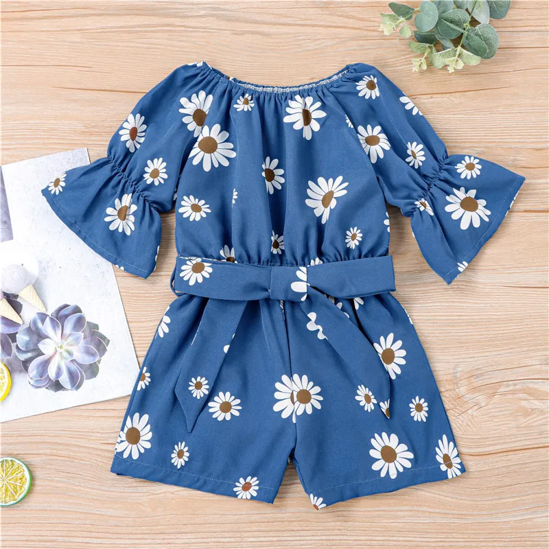 

2-7T Baby Girl's Romper Shorts, Flower Printed Ruffled Sleeve Sweet Round Neck Jumpsuit Lace Up Waist One Piece Garment Summer