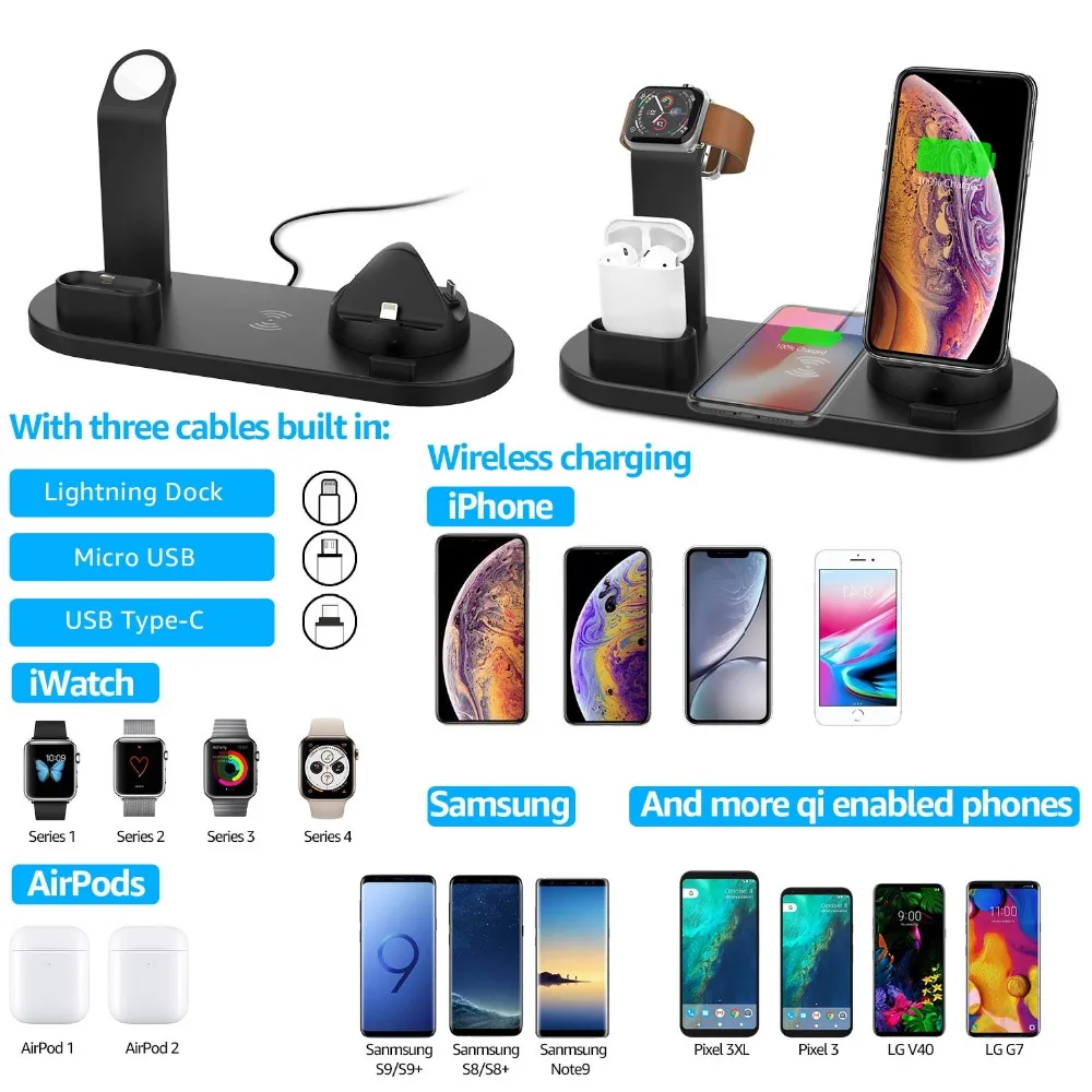 4 в 1 Norwolf 10 Вт Qi Беспроводное зарядное устройство для iPhone X XS XR 8 Plus Быстрая Зарядка Док-станция для Apple Watch iWatch Airpods
