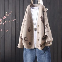 ladies jacquard cardigan sweater autumn knitted sweater new oversized jacket thin casual sweater with v neck button pocket