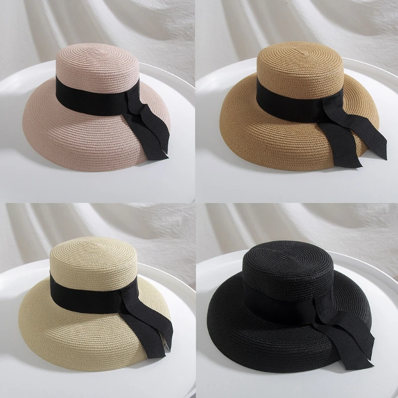 

Sun Hat for Women Outdoor Activities Black Ribbon Decoration Straw Hat Summer