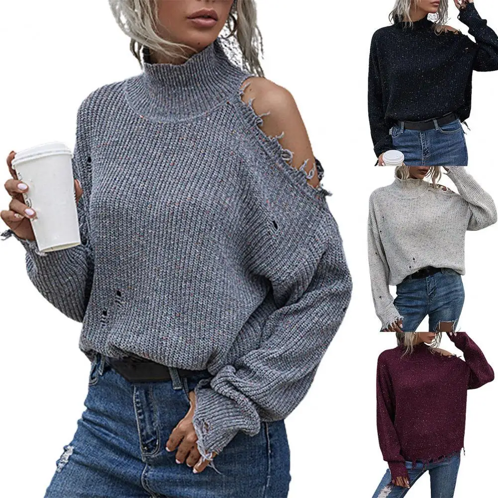 

High Collar Europe And America Sweater Batwing Long Sleeve Knitwear Ripped Truffle Off Shoulder Hole Knitting Jumpers for Office