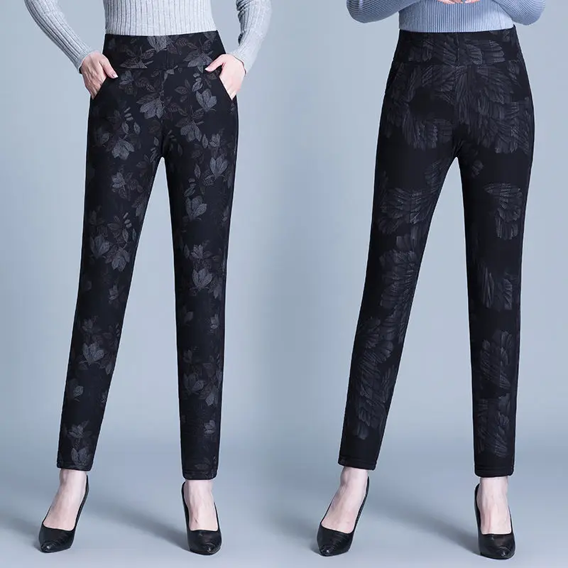 

2021 Women Winter Middle Aged Velvet Leggings Female High Waist Fleece Trouser Lady Floral Print Pencil Pant L269