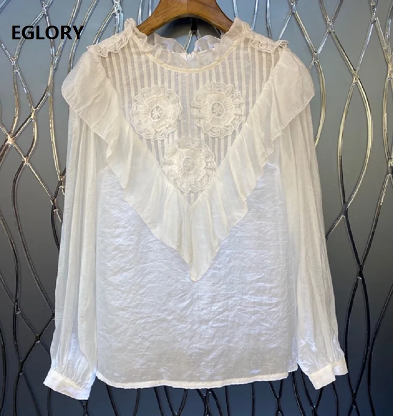 

Top Quality Women's Blouse 2021 Spring Summer Shirt Ladies Appliques Floral Embroidery Long Sleeve White Black Silk Cotton Tops