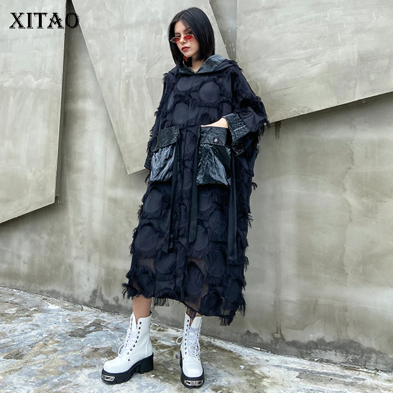 Женское асимметричное платье XITAO черное свободное уличное с капюшоном осень 2020