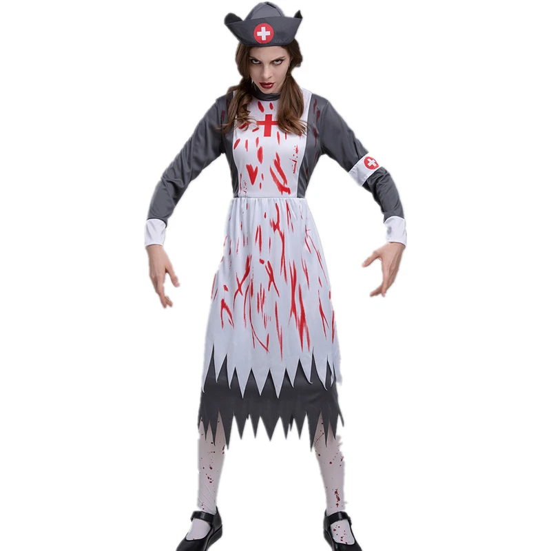 

Halloween Female Nurse Cosplay Cross Blood Print Skirt Hat Suit Horror Adult Party Ghost Festival Costumes Scary Doctor Dress