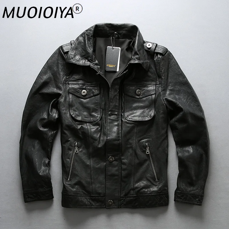 

Новые мужские растительного дубильные вещества черная кожаная куртка из овчиной кожи 100% реальные мотоциклетные байкерские куртки M-4XL