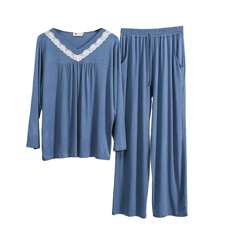 

Spring and Autumn Women's New Home Wear Modal Lace V-neck Long Sleeve Long Pants Pajamas Fashion Two-piece Set pajama pants