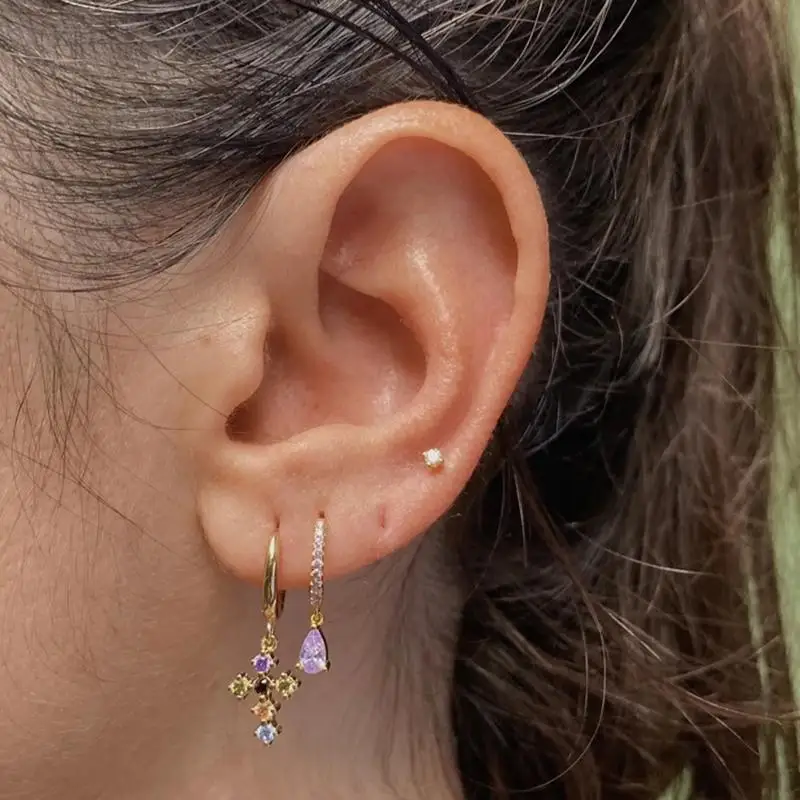 

CCFJOYAS 925 Sterling Silver Cross Hoop Earrings Women Charming Rainbow/Purple/Rose red/White Color Zircon Gold Earrings