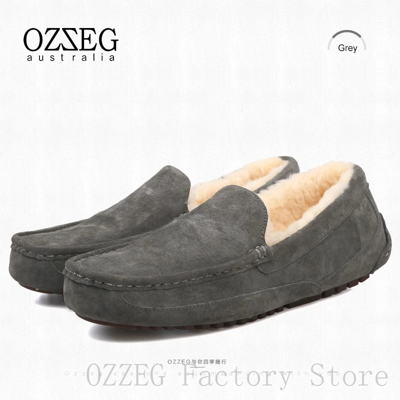 OZZEG; Роскошная брендовая дизайнерская обувь; Мужская зимняя обувь из натуральной кожи на плоской подошве; австралийская подкладка из натуральной овечьей шерсти; лоферы; Повседневная обувь; Мокасины - Цвет: Серый
