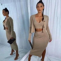 women autumn cotton three piece suit soft y2k topcoatsplit skirt matching set solid stretchy fitness casual streetwear