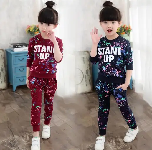 

Girls Tracksuits Spring Children Clothes T-shirt+Pants Outfits Girls Sports Suits Graffiti Letter Clothing Sets For 5- 14 Y