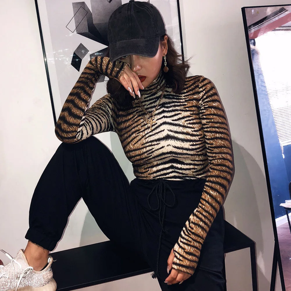 

Women Romper Bodysuit Tiger Leopard Print Tops Long Sleeve Sexy Ladies Turtleneck Bodycon Stretch Jumpsuit Top Blouse Catsuit