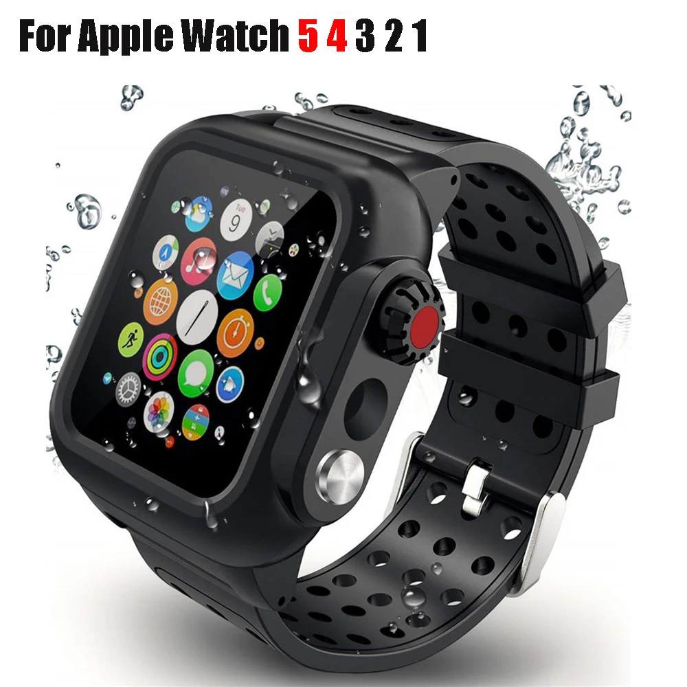 

For Apple Watch Waterproof Case Rugged Cover with Silicone Watch Band Strap for Apple Watch 5 4 3 2 1 iWatch 44mm 40mm 42mm 38mm