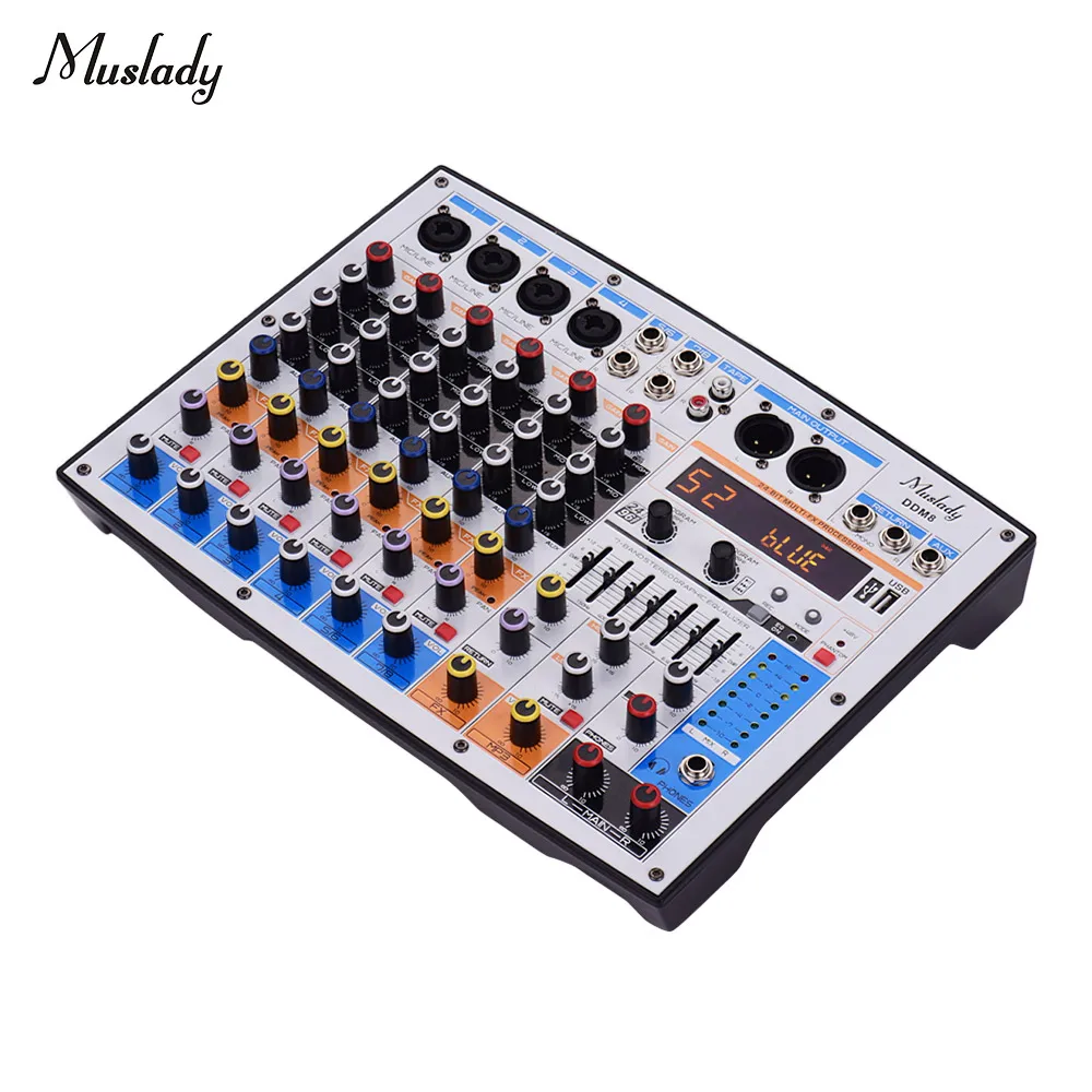 

Muslady DDM8 Compact 8 Channels Mixer Mixing Console with 99 DSP Effects 7-Band EQ Built-in 48V Phantom Power Supply Support BT