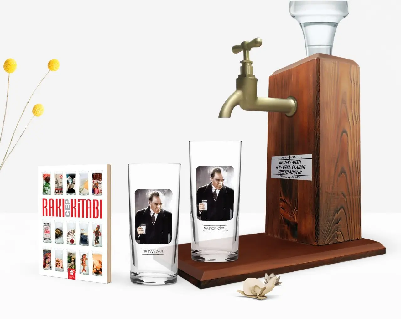 

Personalized Colorful Printed Ataturk Themed Dual Arrack Cup Wood Rack Stand and Mobile Book Gift Seti-33