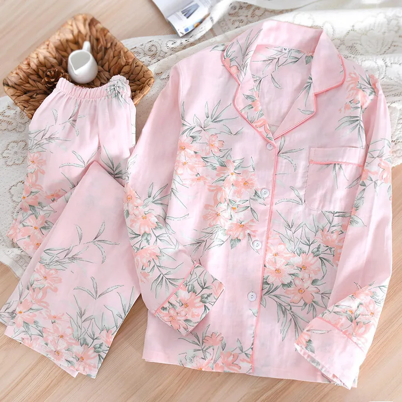Spring/Autumn New Pajamas Set Women Pure Cotton Gauze Flower Thin Summer Lapel Long Sleeve Sleepwear Ladies Loose Comfy HomeWear