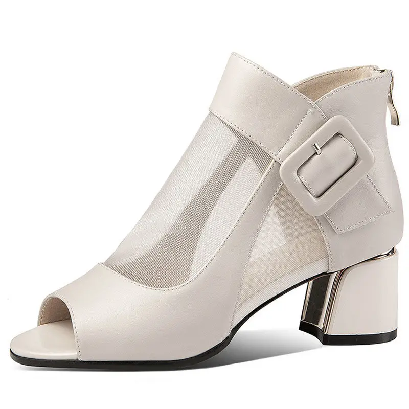 

2020 NEW FASHION Sandals Boots Woman Peep toes Mesh Shoes Women Summer Heels Chunky Heel Buckle Rome Style Female Black Beige