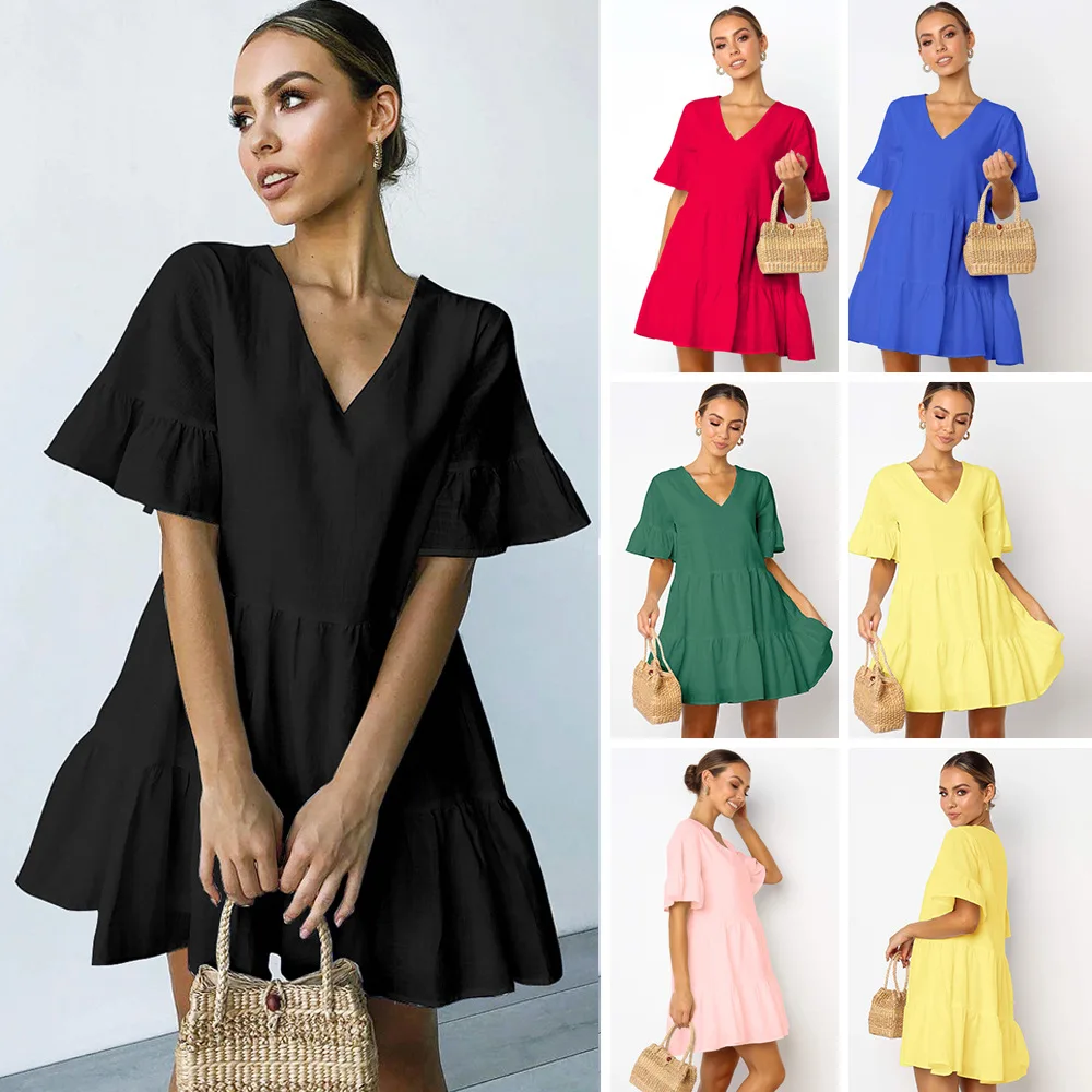 

2021 summer women's solid V-neck short sleeve Pullover A-line dress