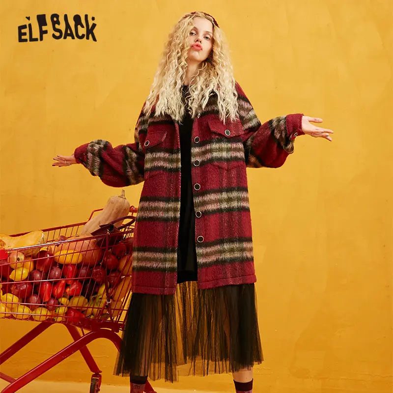 ELFSACK клетчатое прямое однобортное контрастное Сетчатое шерстяное пальто для