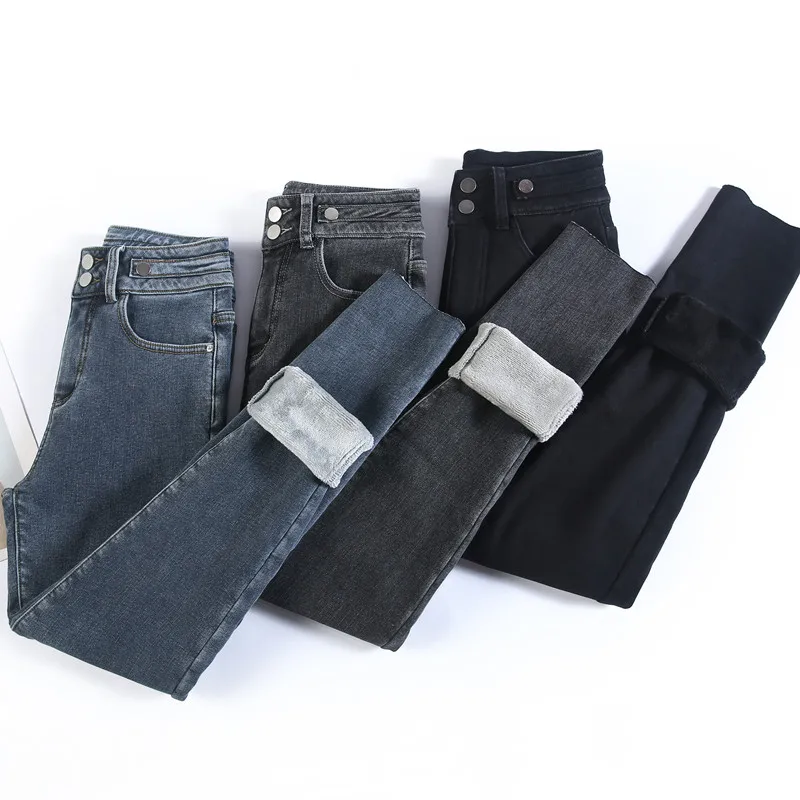 

Women Clothing Jeans Winter Fleece Thick Plus Velvet Skinny Elasticity Mom High Waist Little Feet Pants Casual Denim Pants Mujer