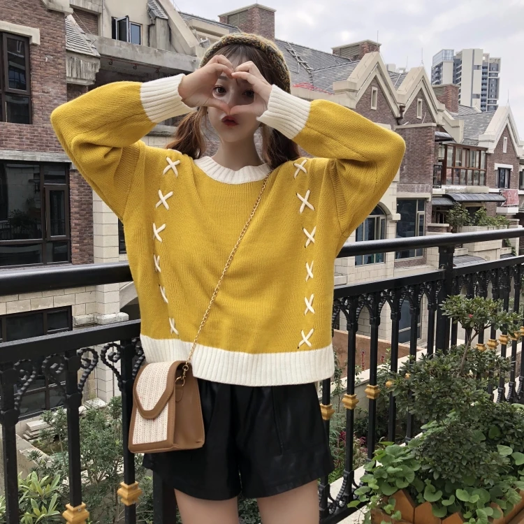 

sweet autumn winter new Korean style robe femme ulzzang long sleeve cross loose panelled loose woman tops knitted Sweaters hot
