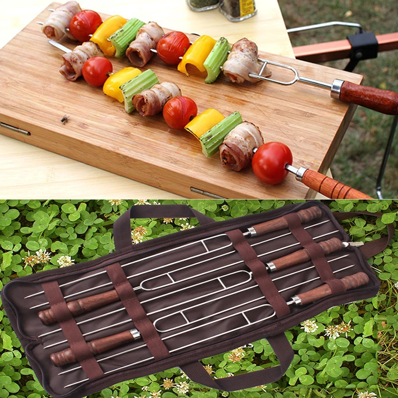 

Outdoor Barbecue Fork Set Stainless Steel Grilling Sign Wooden Handle U-shaped Grilling Needle Kebab Kitchen Accessories Cocina