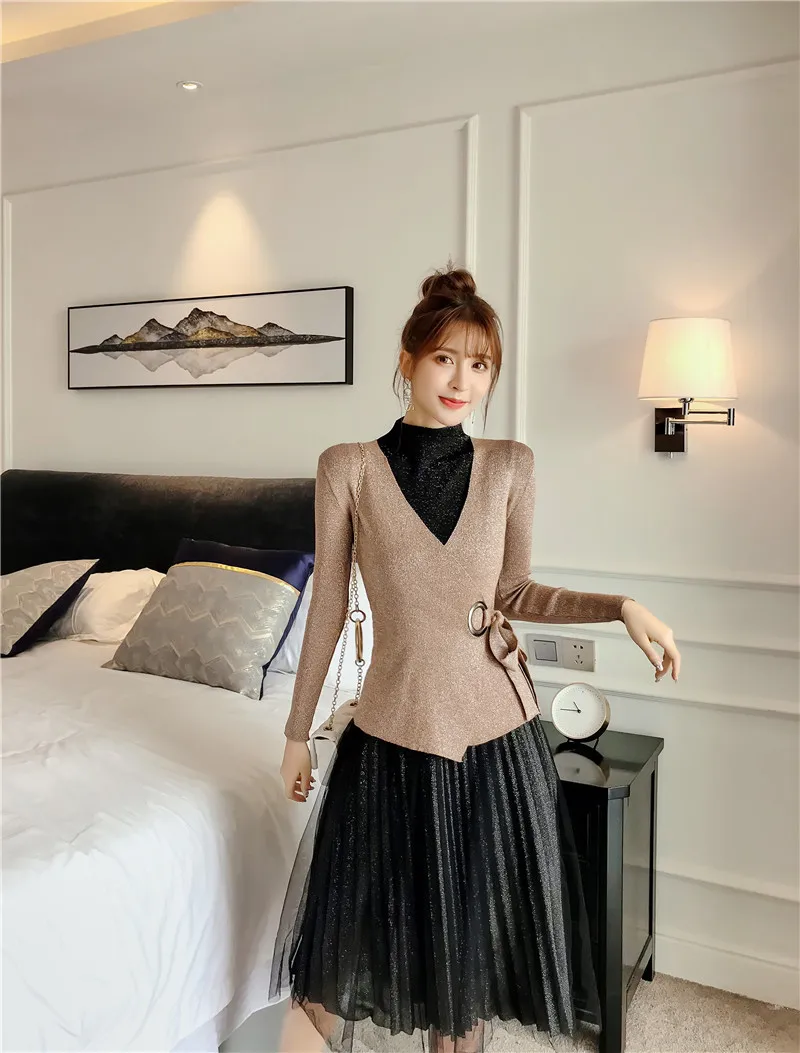 ALPHALMODA модный костюм платье осеннее платье тонкий свитер с длинными рукавами+ Сетчатое платье Элегантный комплект из 2 предметов