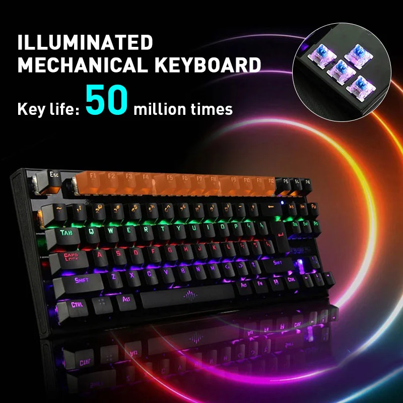 K28 профессиональная механическая клавиатура Механическая игровая клавиатура 87 клавиш большая клавиатура аксессуары Красочный светодиодный клавиатура